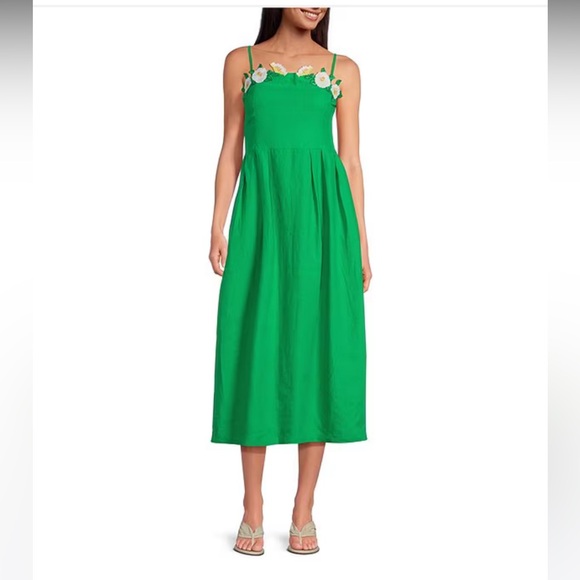 NWT Fanm Mon Citron White Full Bloom Rose Embroidered Detail Linen Midi Dress - Picture 3 of 9